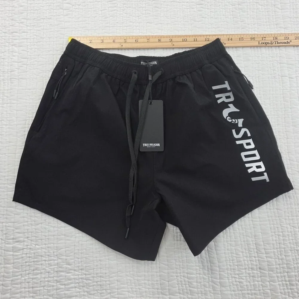 True Religion Running Shorts Men's S Jet‎ Black NEW Elastic Waist Drawstring NWT